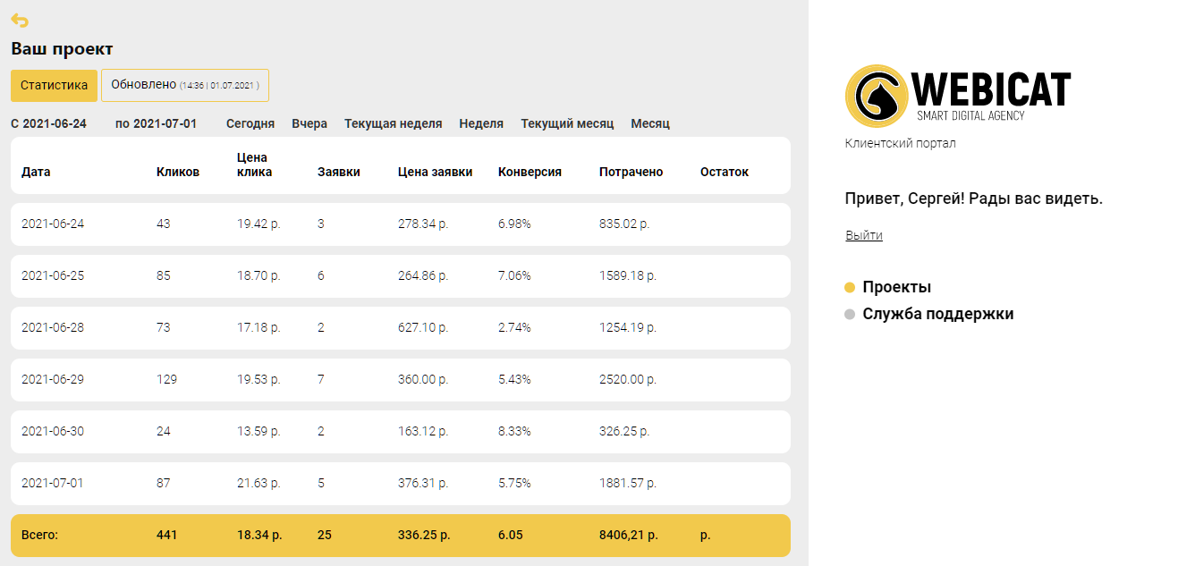 Клиентский портал Webicat — пример интерфейса